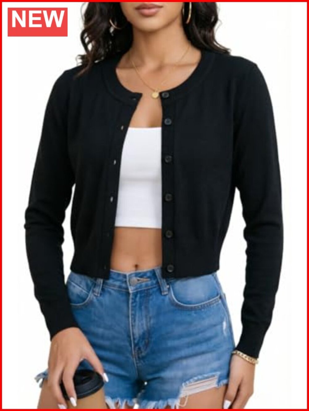 Cropped Cardigan Sweater Lightweight Summer Knit Bolero Shrug Crew Neck Button
